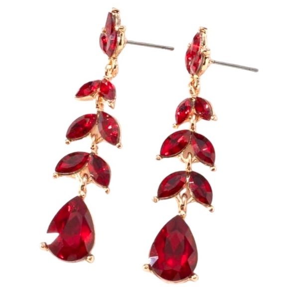Red Earrings Red Vine Leaf Earrings Crystal Rhinestone Dangle Earrings - Picture 6 of 7